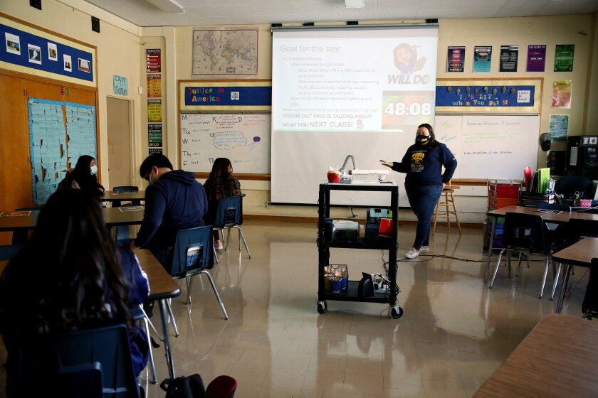 California high schoolers are saying no thanks to reopened
campuses and are staying home 2 Andrea Glenn teaches a Justice in America class at Millikan High School in Long Beach.