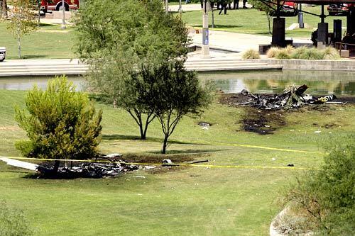 The two TV news helicopters crashed in Indian Steele Park in Phoenix. The collision occurred as the choppers, one from KNXV-TV, the other from KTVK-TV, were broadcasting coverage of police pursuing a truck. Cameras aboard both aircraft were pointed at the ground, so viewers did not witness the accident.