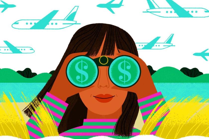 Illustration by Loris Lora for Catharine Hamm's April 7 "On The Spot" column about hunting for bargain airfares.