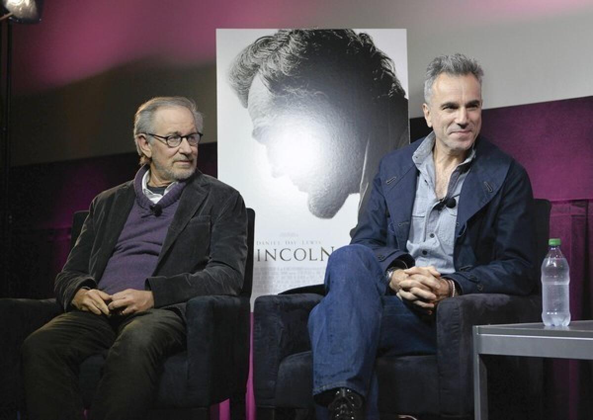 Steven Spielberg, left, and Daniel Day-Lewis discuss "Lincoln" at a special screening.