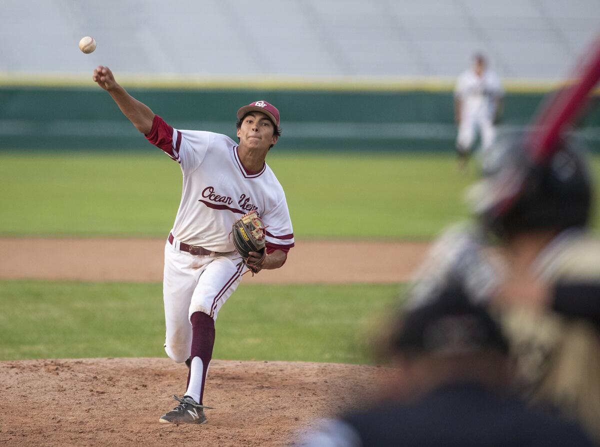 Ocean View's Gavin Kennedy pitches for the South in the fifth inning of the Kiwanis Club of Greater Anaheim's 52nd Orange County High School All-Star Baseball Game for seniors at La Palma Park's Dee Fee Field in Anaheim on May 21.