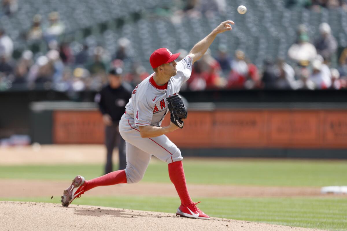 Angels left-hander Tyler Anderson delivers against the Oakland Athletics in the first inning Sunday