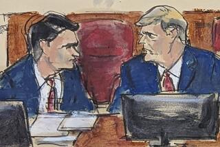 In this courthouse sketch drawn from a video monitor, former President Donald Trump, right, confers with defense attorney Todd Blanche in Manhattan criminal court, Monday, April 15, 2024, in New York. (Elizabeth Williams via AP)