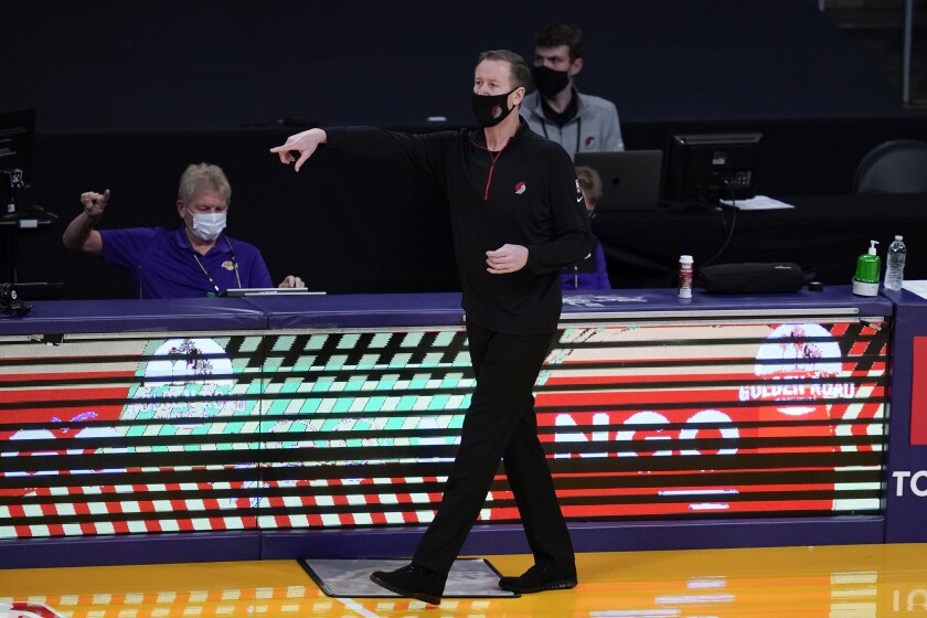 Trail Blazers coach Terry Stotts yells instructions during a game this week at Staples Center.