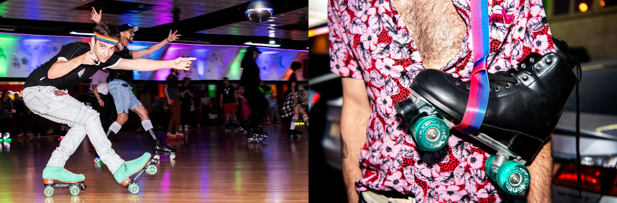 Two photos, from left: A person points at the camera while skating on rink. A roller skate hangs from a person's shoulder.