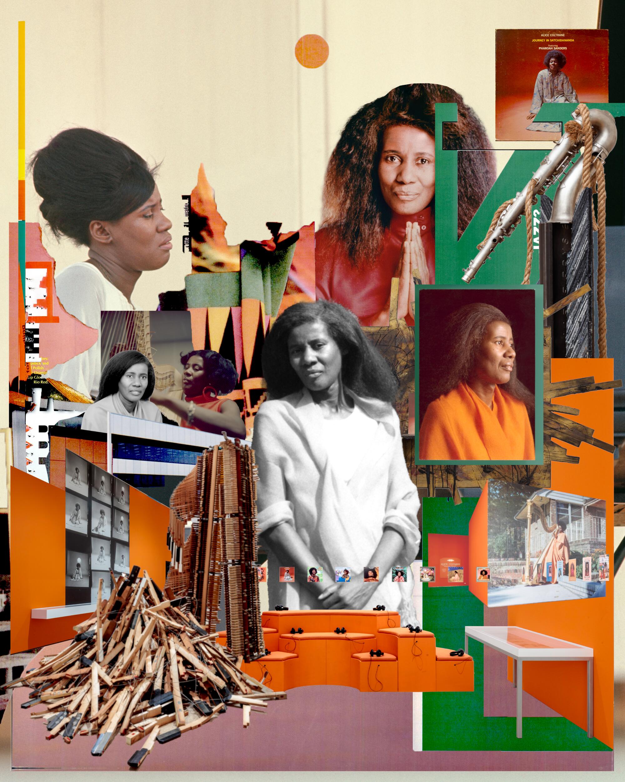 a collage featuring antithetic photos of creator and instrumentalist Alice Coltrane