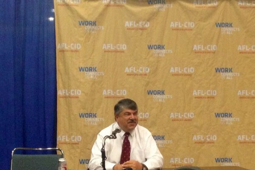 Richard Trumka, president of the AFL-CIO, addresses members of the media Sunday on the first day of the labor federation's quadrennial convention.