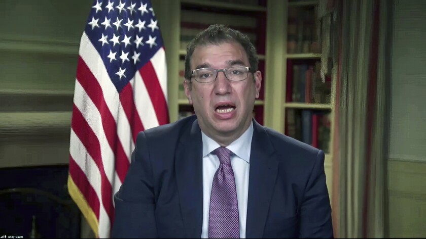 FILE - In this Jan. 27, 2021, image from video, Andy Slavitt, senior adviser to the White House COVID-19 Response Team, speaks during a White House briefing on the Biden administration's response to the COVID-19 pandemic in Washington. Slavitt, a top White House aide is making his pitch for young people to get vaccinated personal by sharing the struggles his own son has dealt with since contracting COVID-19 last fall. (White House via AP)