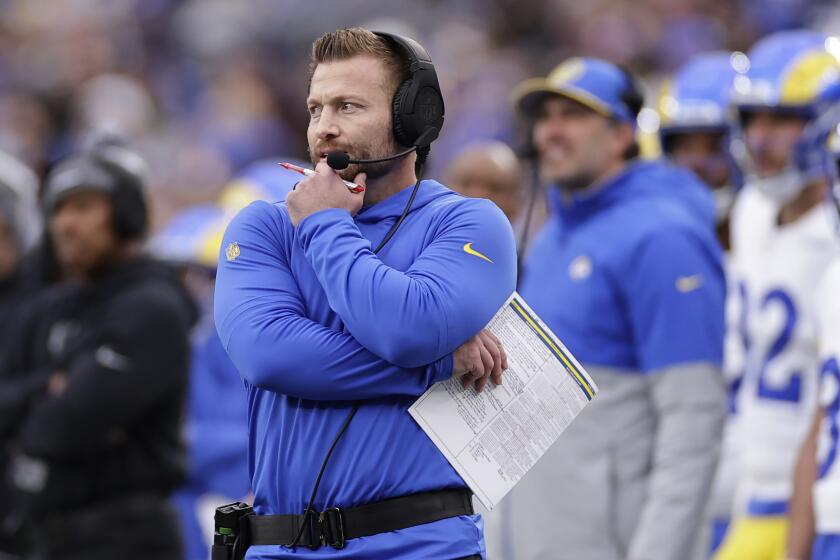 Rams head coach Sean McVay works the sidelines during the first half against the Giants.