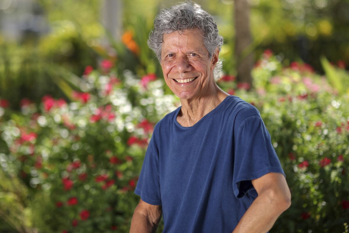 Jazz pianist and composer Chick Corea poses for a portrait in Clearwater, Fla., on Sept. 4, 2020, to promote his new double album “Plays,” available on Friday Sept. 11. (Mike Carlson/Invision/AP)