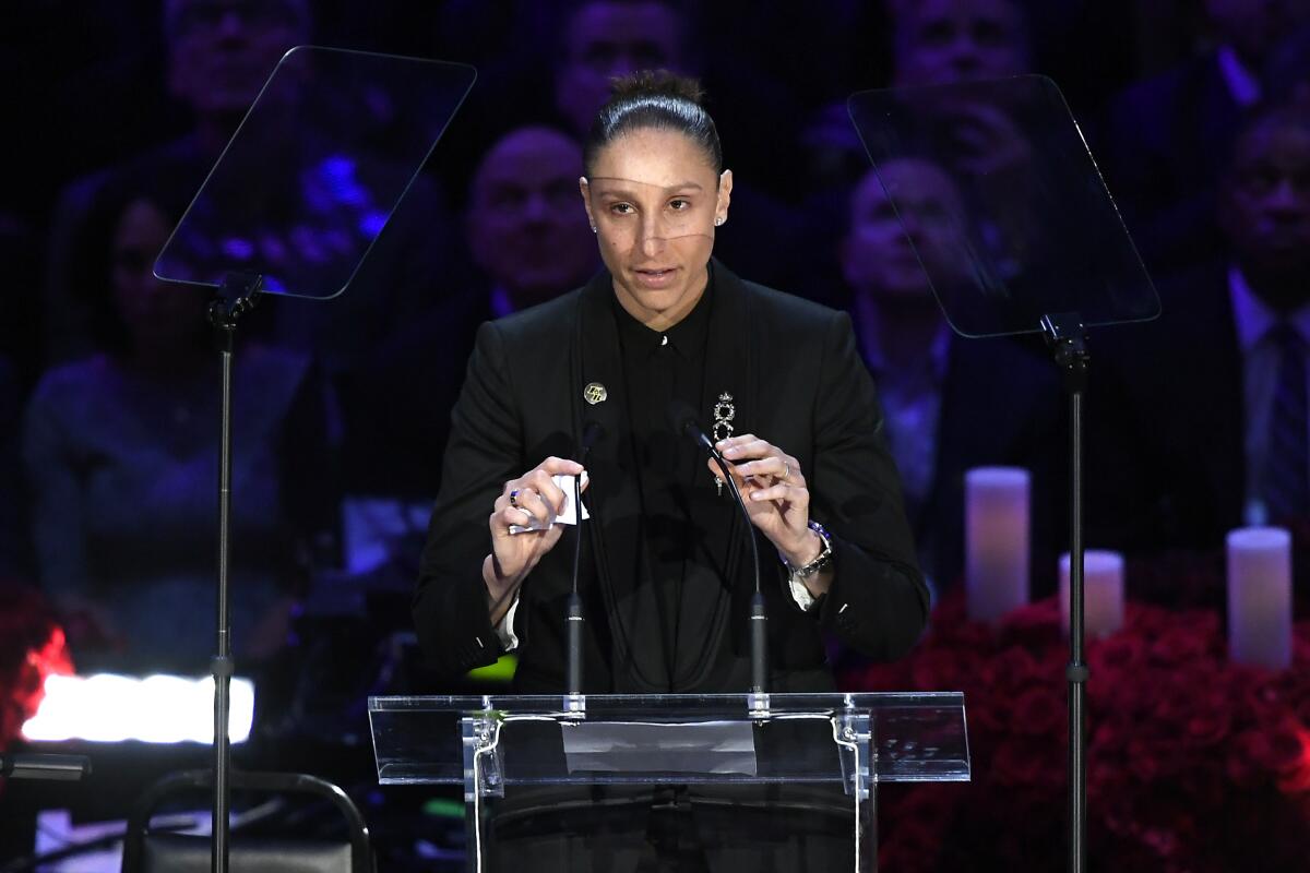 LOS ANGELES, CALIFORNIA - FEBRUARY 24: Diana Taurasi speaks during The Celebration of Life for Kobe & Gianna Bryant at Staples Center on February 24, 2020 in Los Angeles, California. (Photo by Kevork Djansezian/Getty Images) ** OUTS - ELSENT, FPG, CM - OUTS * NM, PH, VA if sourced by CT, LA or MoD **