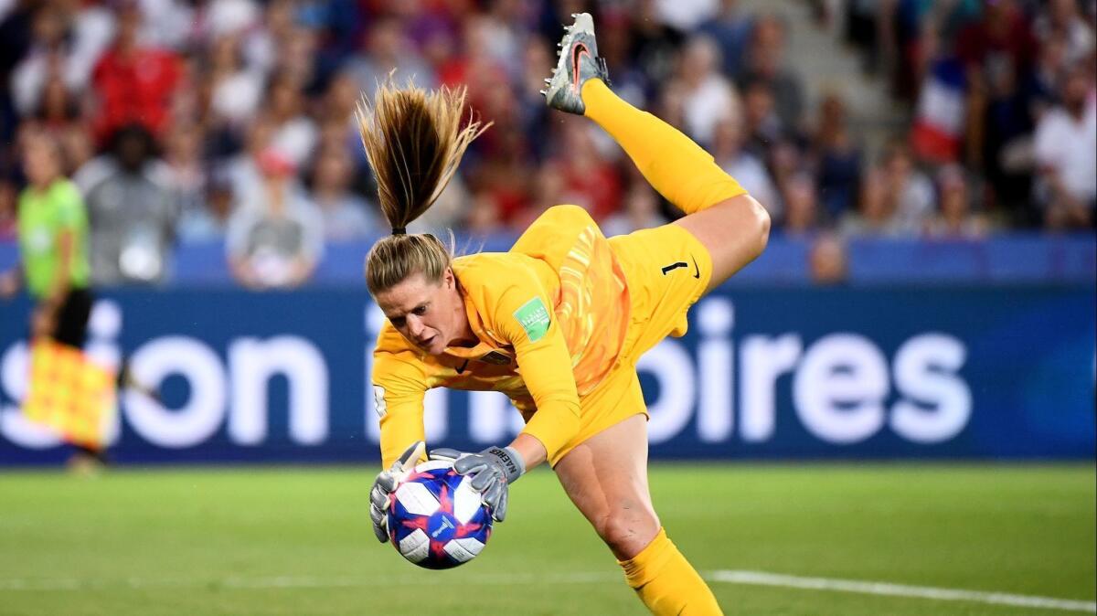 U.S. goalkeeper Alyssa Naeher makes a save during a Women's World Cup quarterfinal match against France on June 28 in Paris.