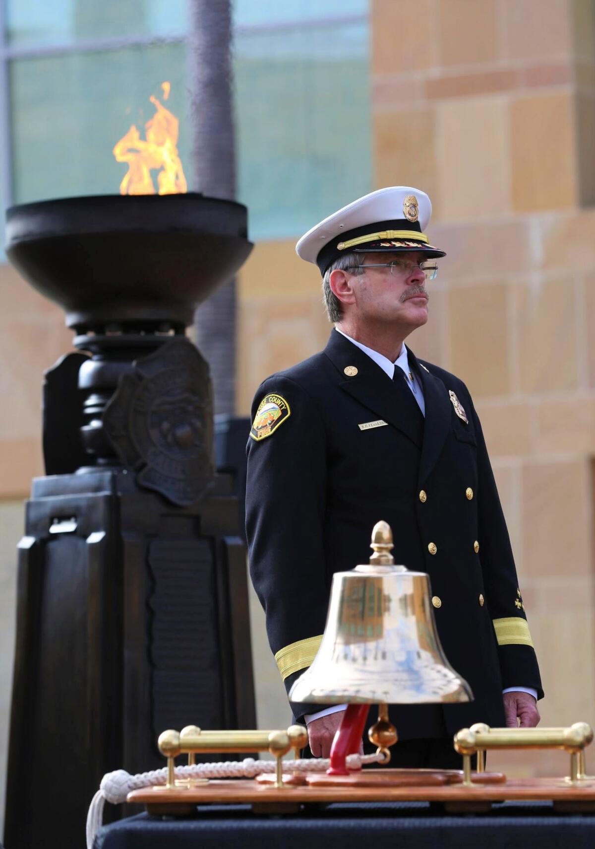 Orange County Fire Authority Chief Brian Fennessy at a 9/11 remembrance ceremony outside the agency's Irvine headquarters.