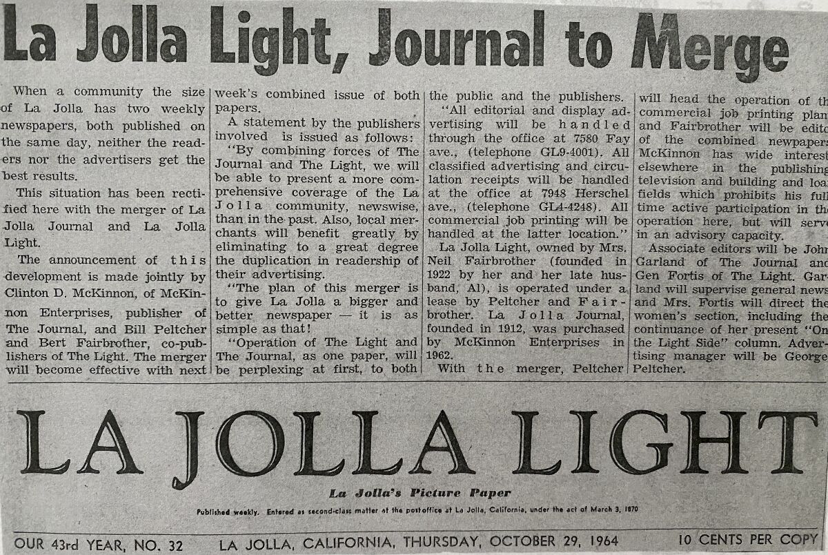 A 1964 La Jolla Light article announces the paper's merger with the La Jolla Journal.