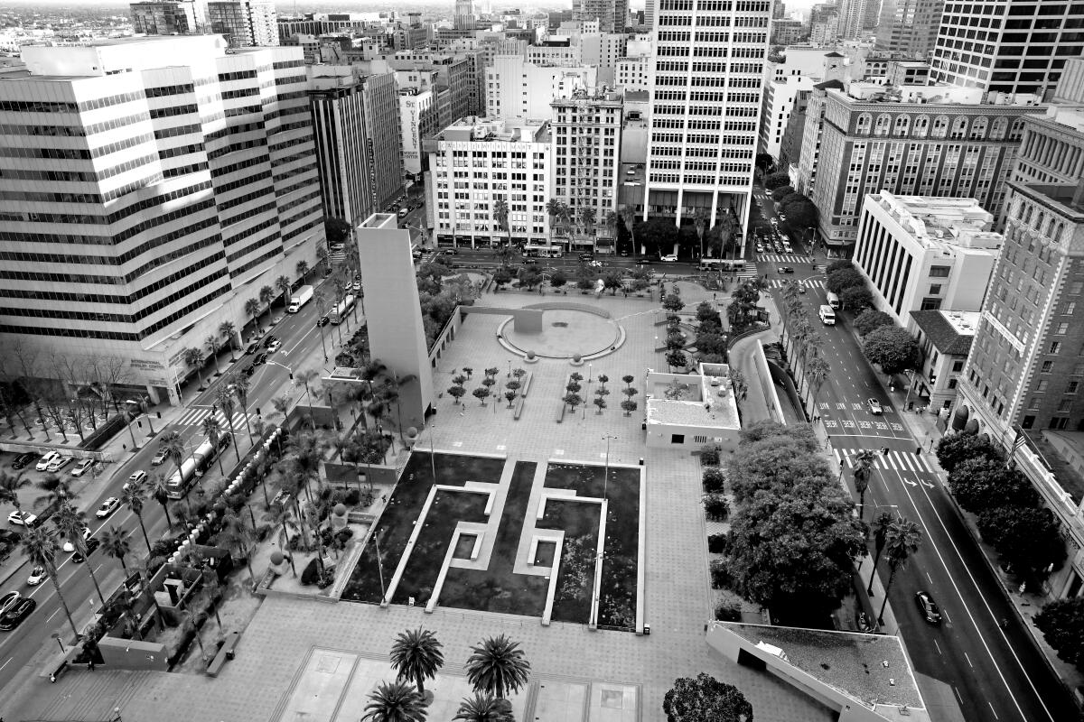 A view of Pershing Square with buildings surrounding it in downtown Los Angeles