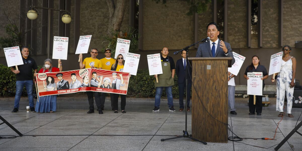 San Diego Mayor Todd Gloria joined a union-led rally in support of Hilton San Diego Bayfront workers.