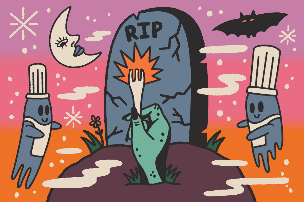 illustration of a hand popping out of a graveyard holding a fork. 