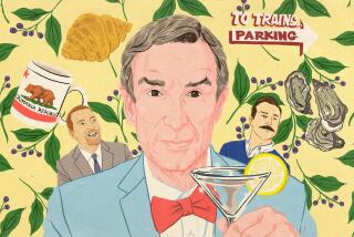 Drawing of Bill Nye with a lemon martini, a CA flag mug, a croissant, parking sign, oysters, Ted Lasso and Chuck Todd
