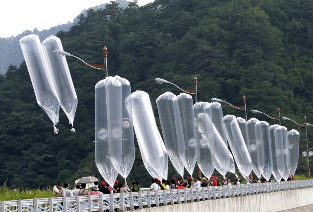 Balloons carrying leaflets denouncing North Korean leader Kim Jong Il are released during a 2010 rally in South Korea.