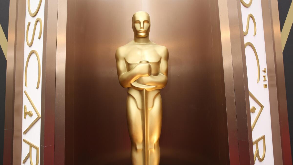 An Oscar statue is displayed at Los Angeles' Dolby Theatre, where the Academy Awards are held.