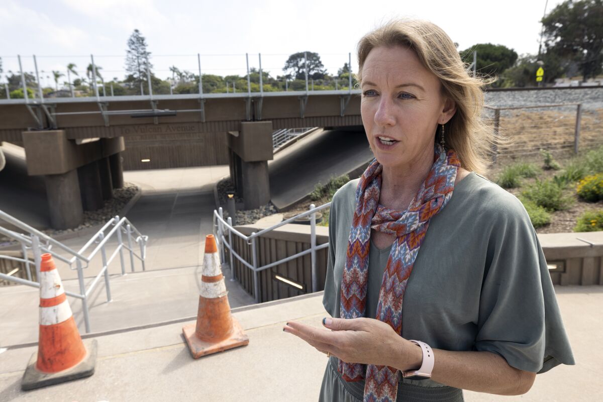 Encinitas Mayor Catherine Blakespear stands at the newly completed El Portal railroad undercrossing in Leucadia.