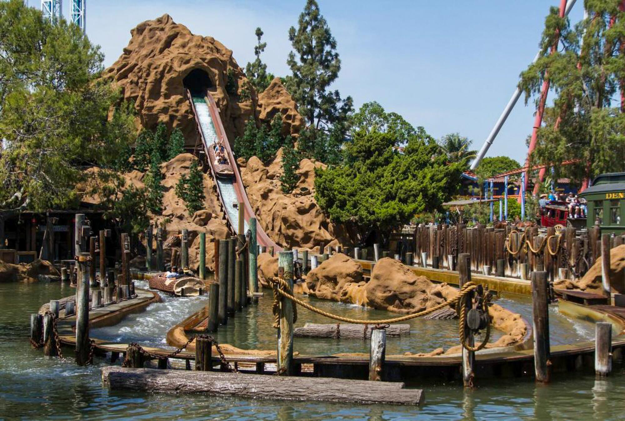 The log flume drop of Timber Mountain Log Ride at Knott's Berry Farm. 