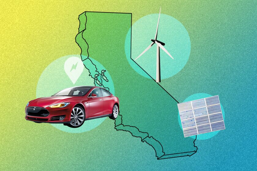 Illustration of a Tesla, a wind turbine and a solar panel overlayed a vector state of California.
