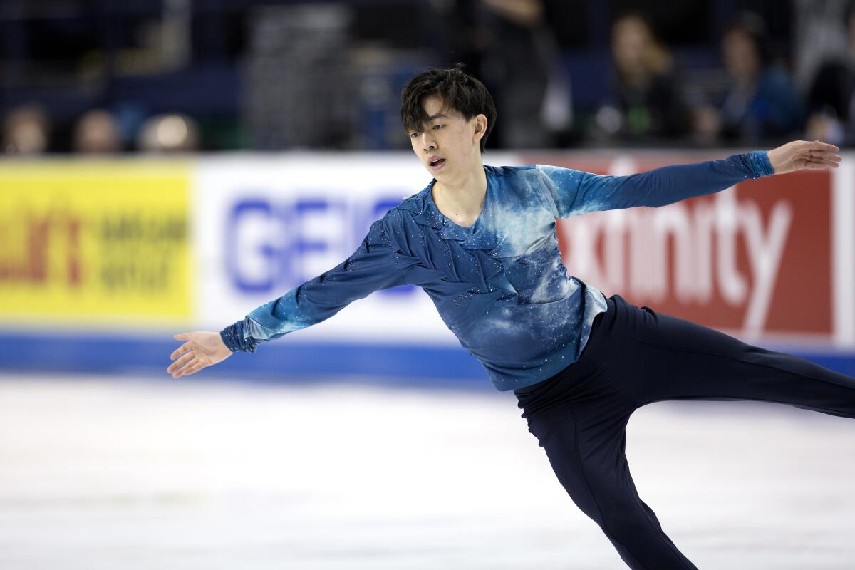 Vincent Zhou performs during the men's free skate program at the U.S. Figure Skating Championships.
