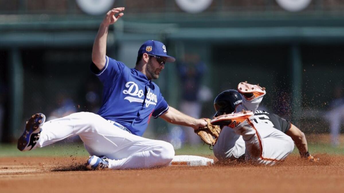 Dodgers second baseman Charlie Culberson tags out Giants outfielder Gorkys Hernandez on a steal attempt during a spring training game on March 7.
