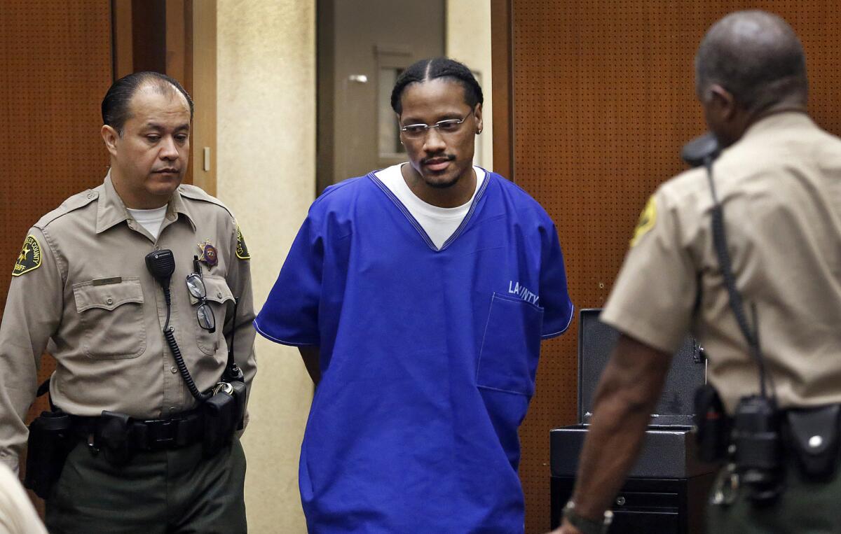 Leonard Hall, 26, is led into a courtroom at the Clara Shortridge Foltz Criminal Justice Center in downtown Los Angeles on Tuesday for sentencing in the 2010 killing of 5-year-old Aaron Shannon Jr.