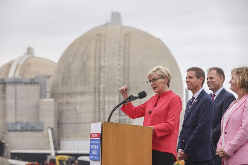 Camp Pendleton, CA - June 09: U.S. Secretary of Energy Jennifer Granholm speaks to the press about a timeline for nuclear waste disposal at San Onofre Nuclear Generating Station on Friday, June 9, 2023 in Camp Pendleton, CA. (Eduardo Contreras / The San Diego Union-Tribune)