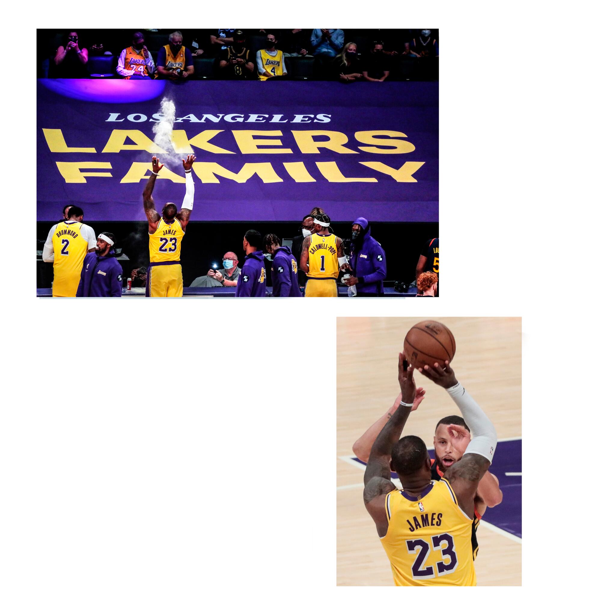 Top: A sign reads, "Los Angeles Lakers family" and a player throws powder; Bottom: LeBron James shoots a basketball