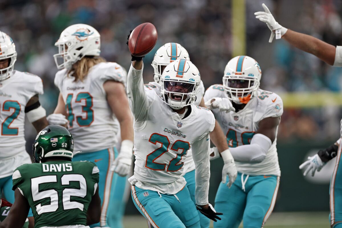 Miami Dolphins defensive back Elijah Campbell reacts against the New York Jets.