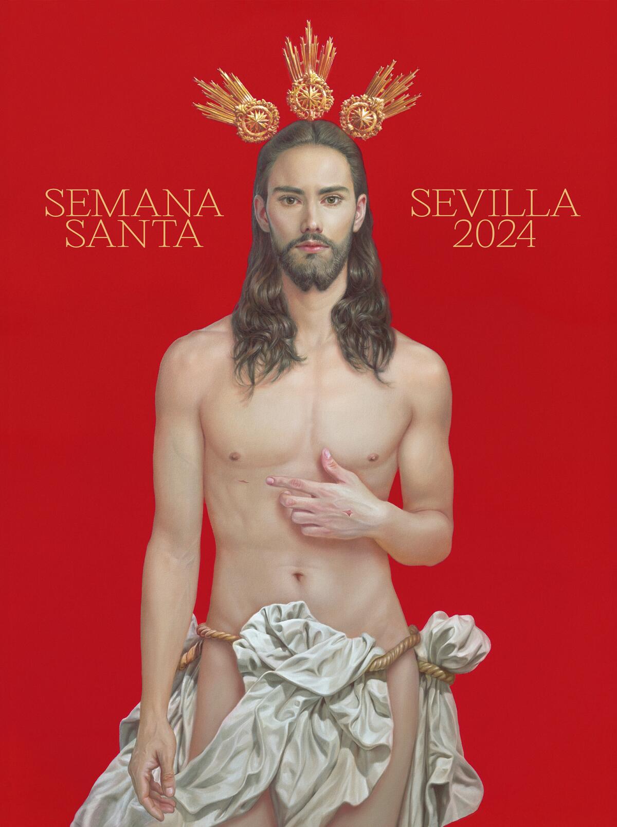 The Seville 2024 poster for the religious Easter Holy Week depicts a young, handsome Jesus wearing a shroud as loincloth. 