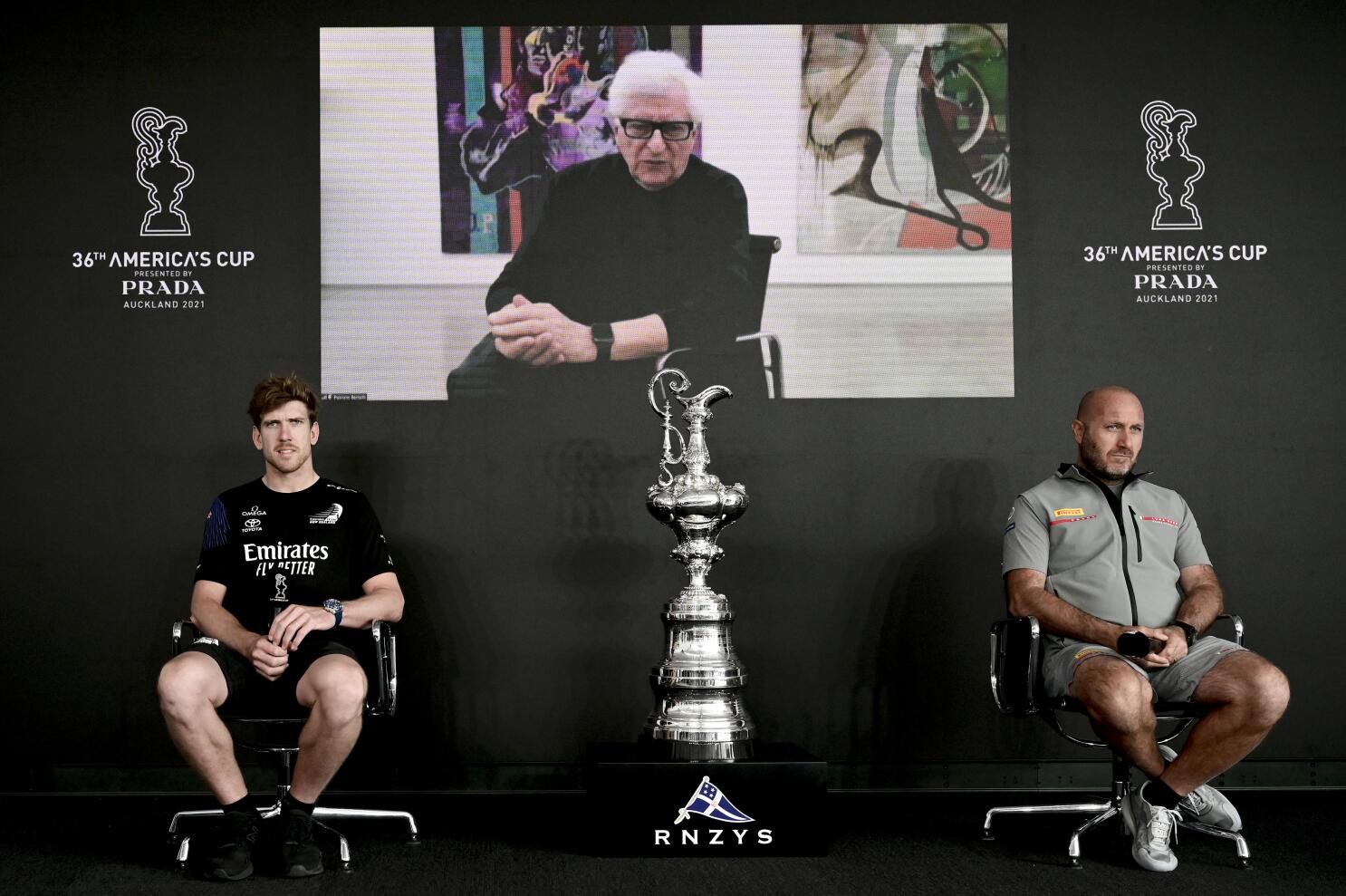 The Louis Vuitton Cup Trophy is displayed during a news conference