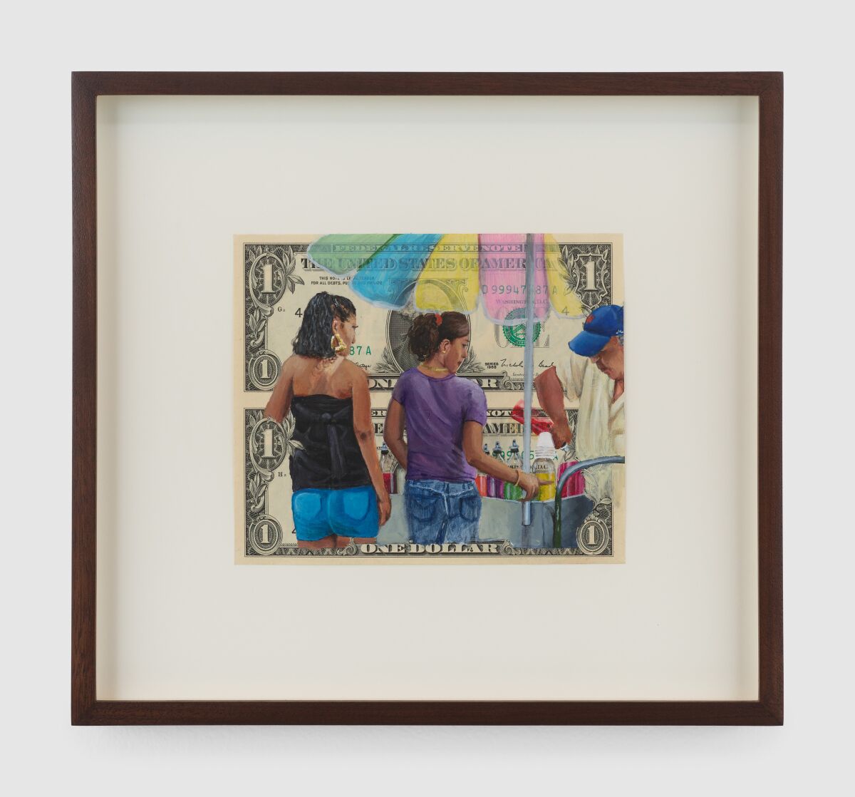 A painting on dollar bills of two women purchasing something from a street vendor.