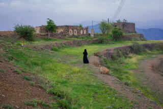 A person in dark clothes, seen from a distance, stands amid green ground cover near stone buildings