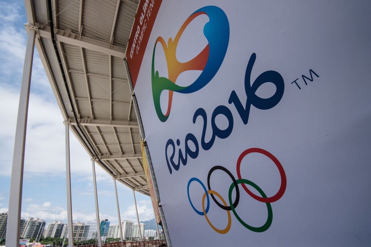 A banner for the 2016 Olympic Games is seen at the Olympic Tennis Center in Rio de Janeiro, Brazil.
