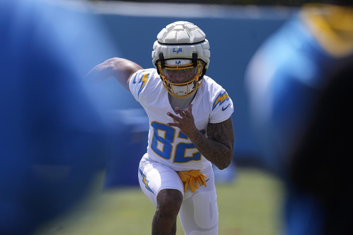 Chargers wide receiver Brenden Rice runs a drill at rookie minicamp on Friday.