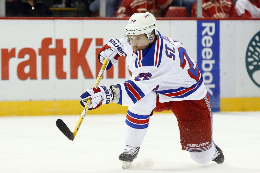 Rangers forward Martin St. Louis fires a shot in a game against the Red Wings earlier this year.
