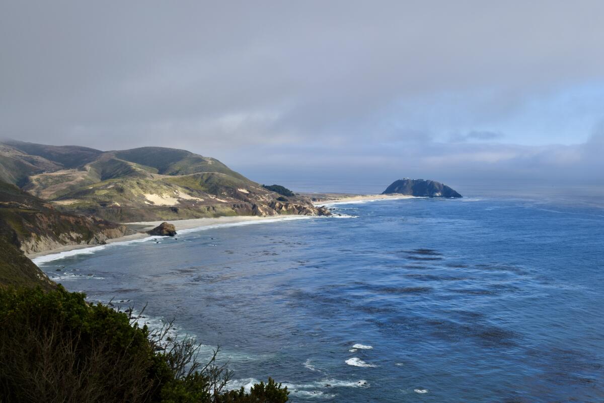 The mountains and rugged ocean shore of the Big Sur area near Monterey and Carmel.