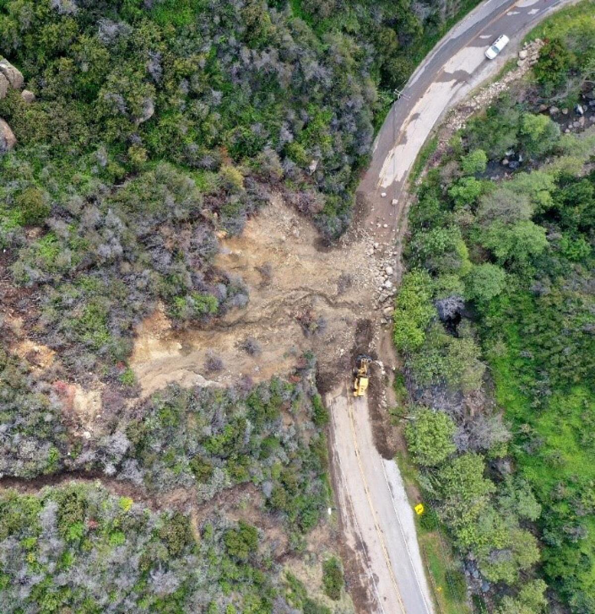 An aerial view of the Topanga Canyon Road landslide 