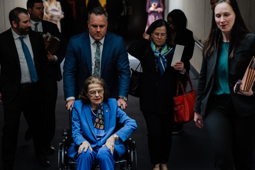 WASHINGTON, DC - MAY 11: Sen. Dianne Feinstein (D-CA) departs a Senate Judiciary Committee Hearing at the Hart Senate Office Building on Thursday, May 11, 2023 in Washington, DC. This was Feinstein's first hearing after fighting illness and being absent from the Senate for almost three months. (Kent Nishimura / Los Angeles Times)