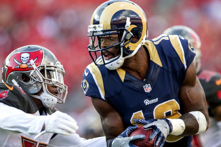 Rams receiver Kenny Britt turns upfield after a reception against Buccaneers cornerback Vernon Hargreaves III on Sept. 25.