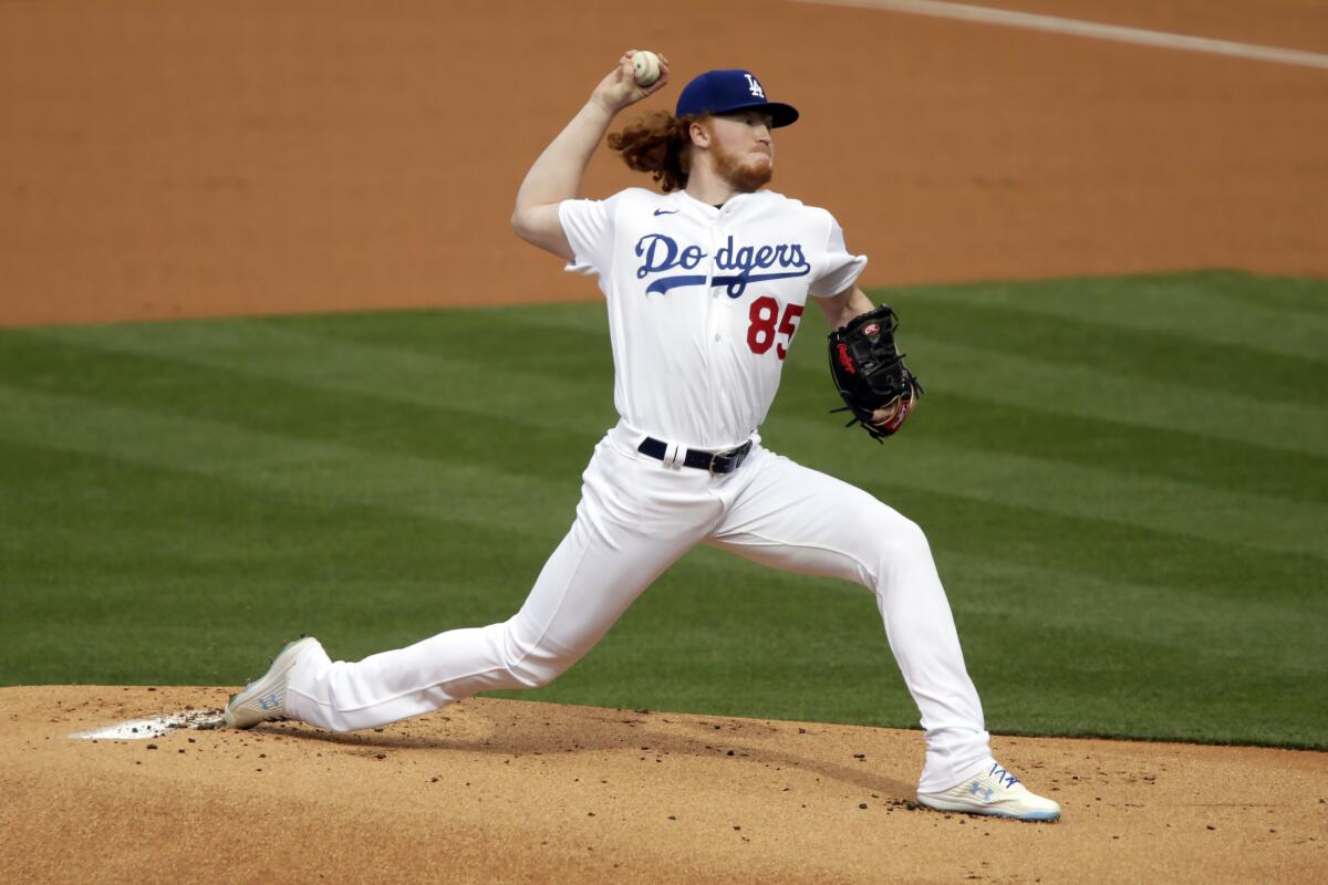 Dodgers starting pitcher Dustin May throws against the San Diego Padres in April 2021.