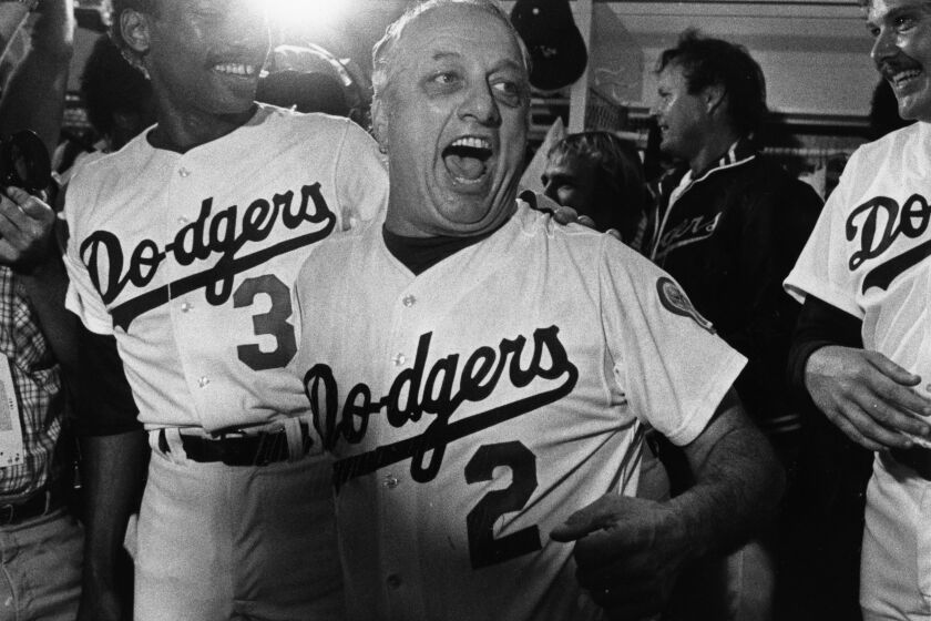 Oct. 11, 1981: Los Angeles Dodgers Manager Tommy Lasorda celebrates.