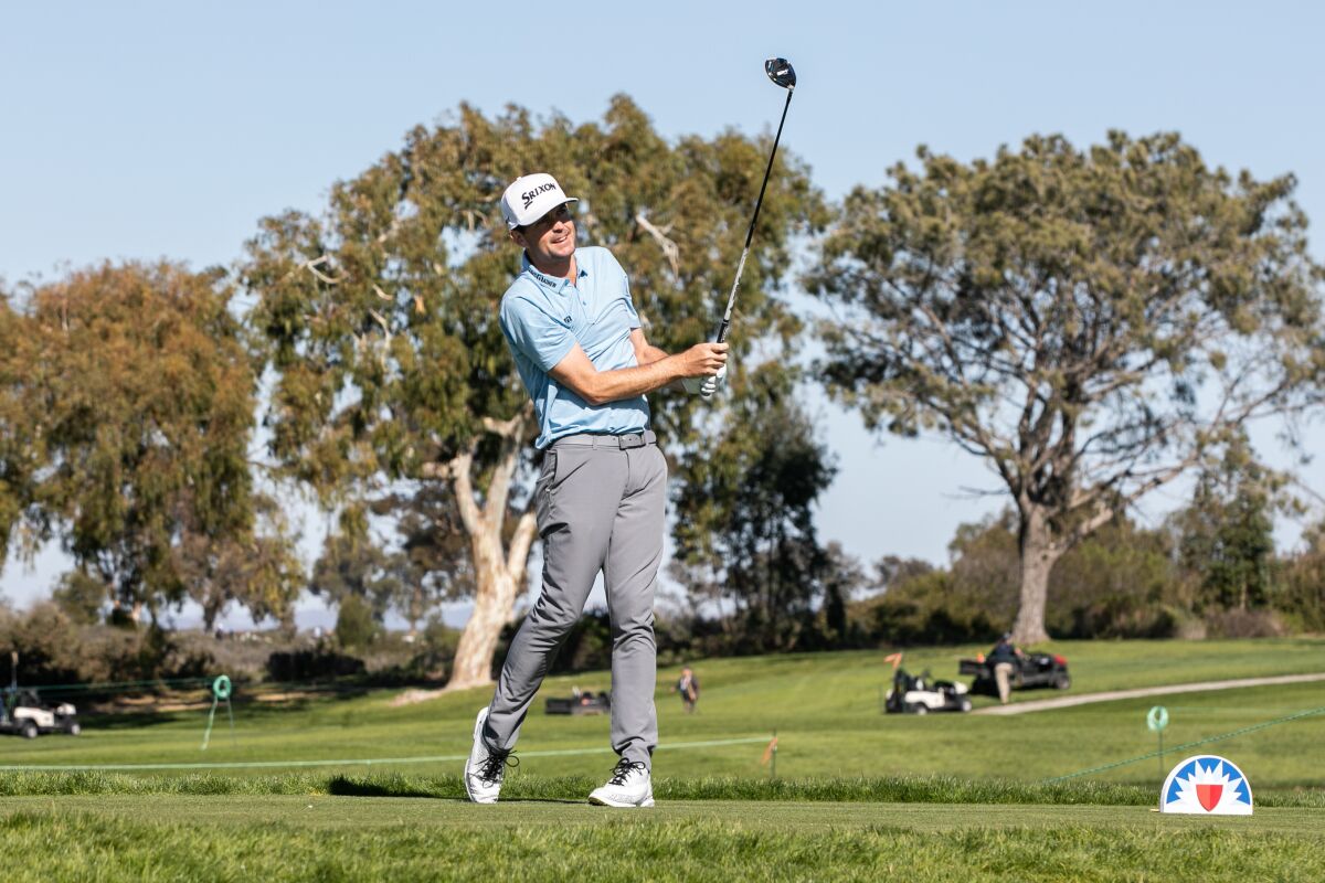 Keegan Bradley gets in a practice round Monday afternoon before the Farmers Insurance Open at Torrey Pines.