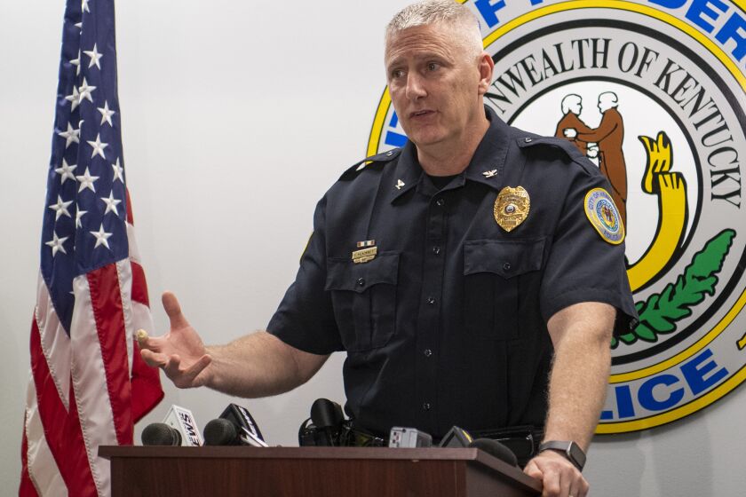 Henderson Police Chief Sean McKinney holds a press conference after officials pulled what they believe to be the body of escaped Ohio prisoner Bradley Gillespie from the Ohio River in Henderson, Ky., Sunday afternoon, May 28, 2023. The discovery of the body ends the five-day search in Henderson County for the convicted killer who reportedly escaped from the Allen/Oakwood Correctional Institution in Lima, Ohio, on Tuesday along with inmate James Lee. (MaCabe Brown/Evansville Courier & Press via AP)