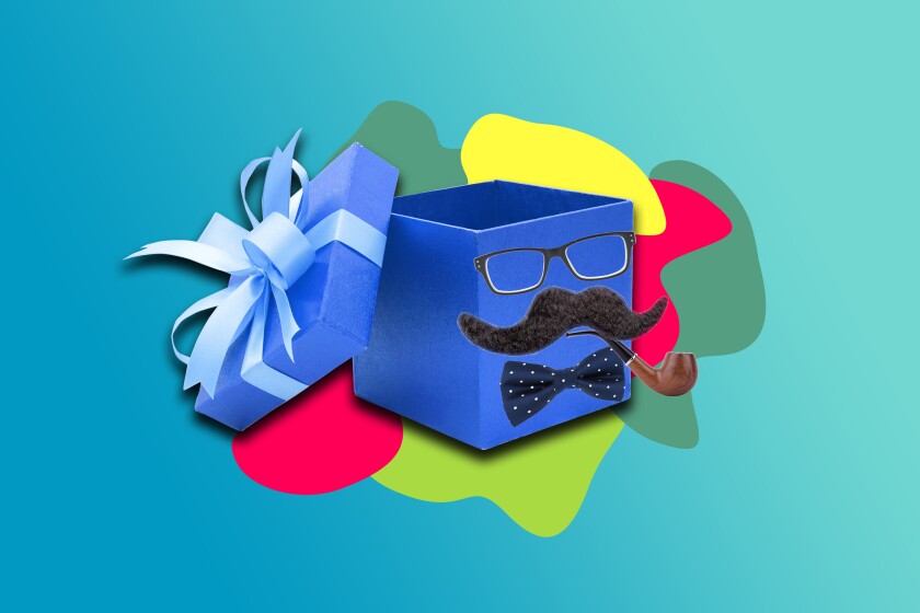 Illustration of an open wrapped gift box adorned with typical dad gear: pipe, moustache and tie. 