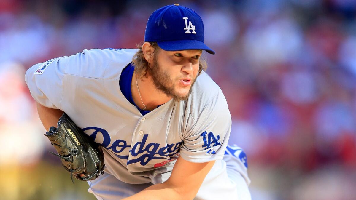 Dodgers ace Clayton Kershaw delivers a pitch during Game 4 of the National League division series against the St. Louis Cardinals on Oct. 7.